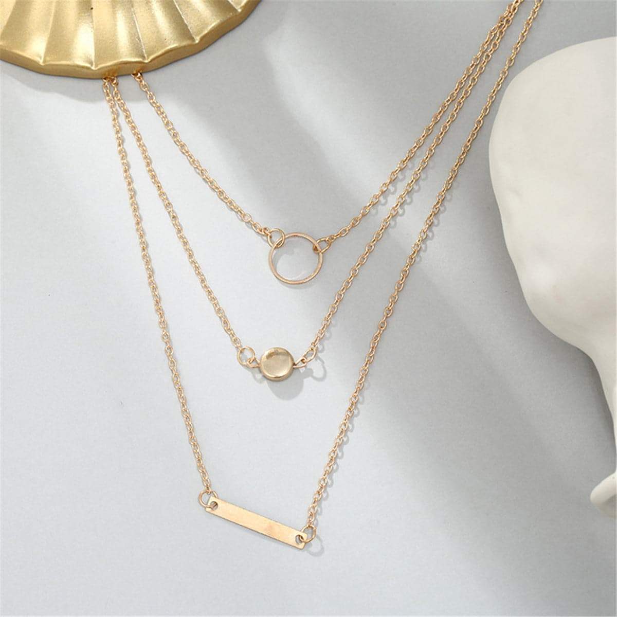 Goldtone Ring & Bar Layered Pendant Necklace