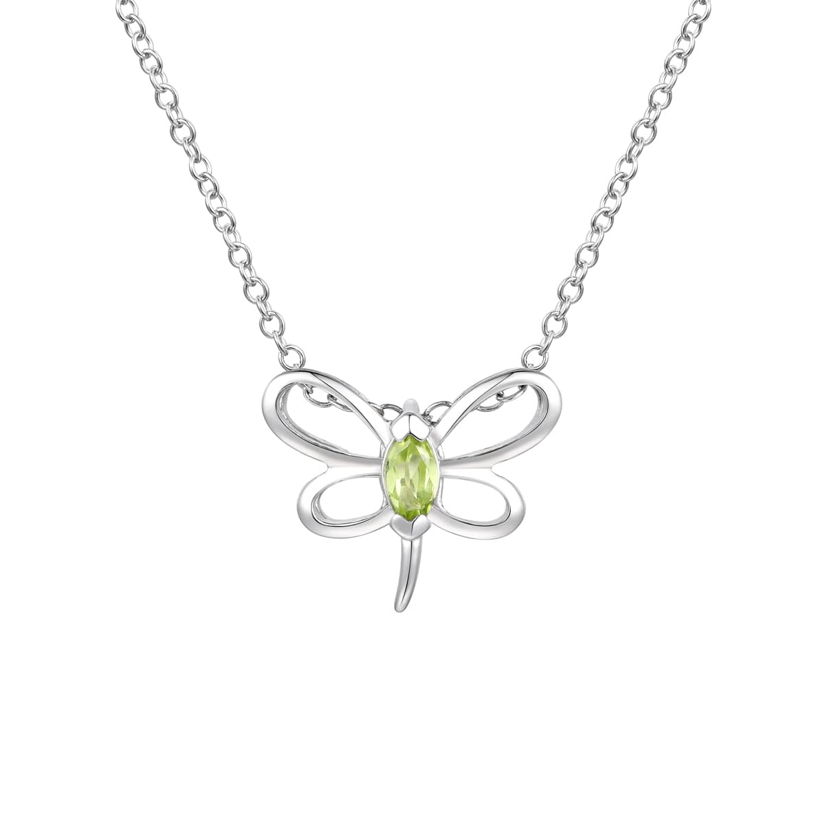 Sterling Silver White Gold Plated with Peridot Tourmaline Gemstone Butterfly Pendant Necklace