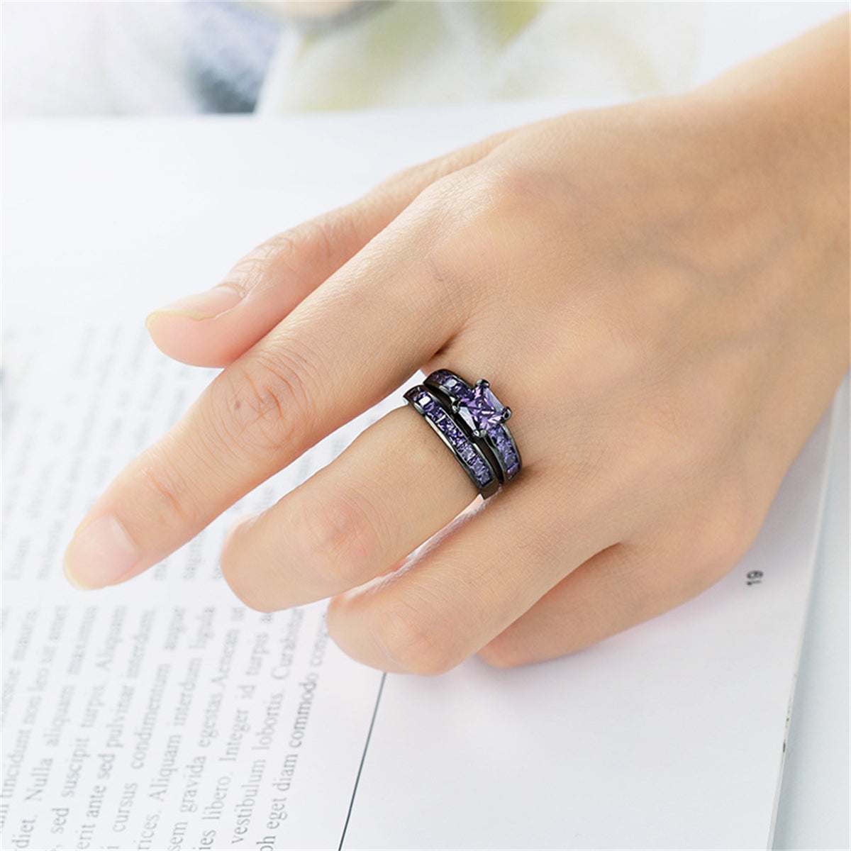 Purple Crystal & Black-Plated Princess-Cut Ring Set-1