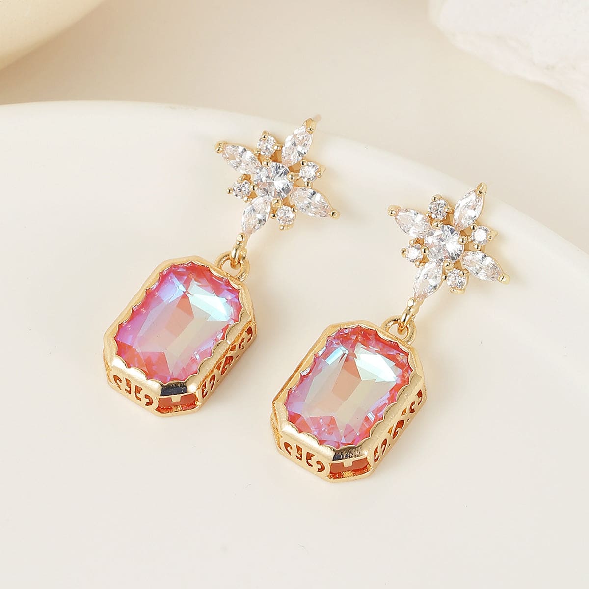 Orange Crystal & Cubic Zirconia Goldtone Star Rectangle Dangle Earrings