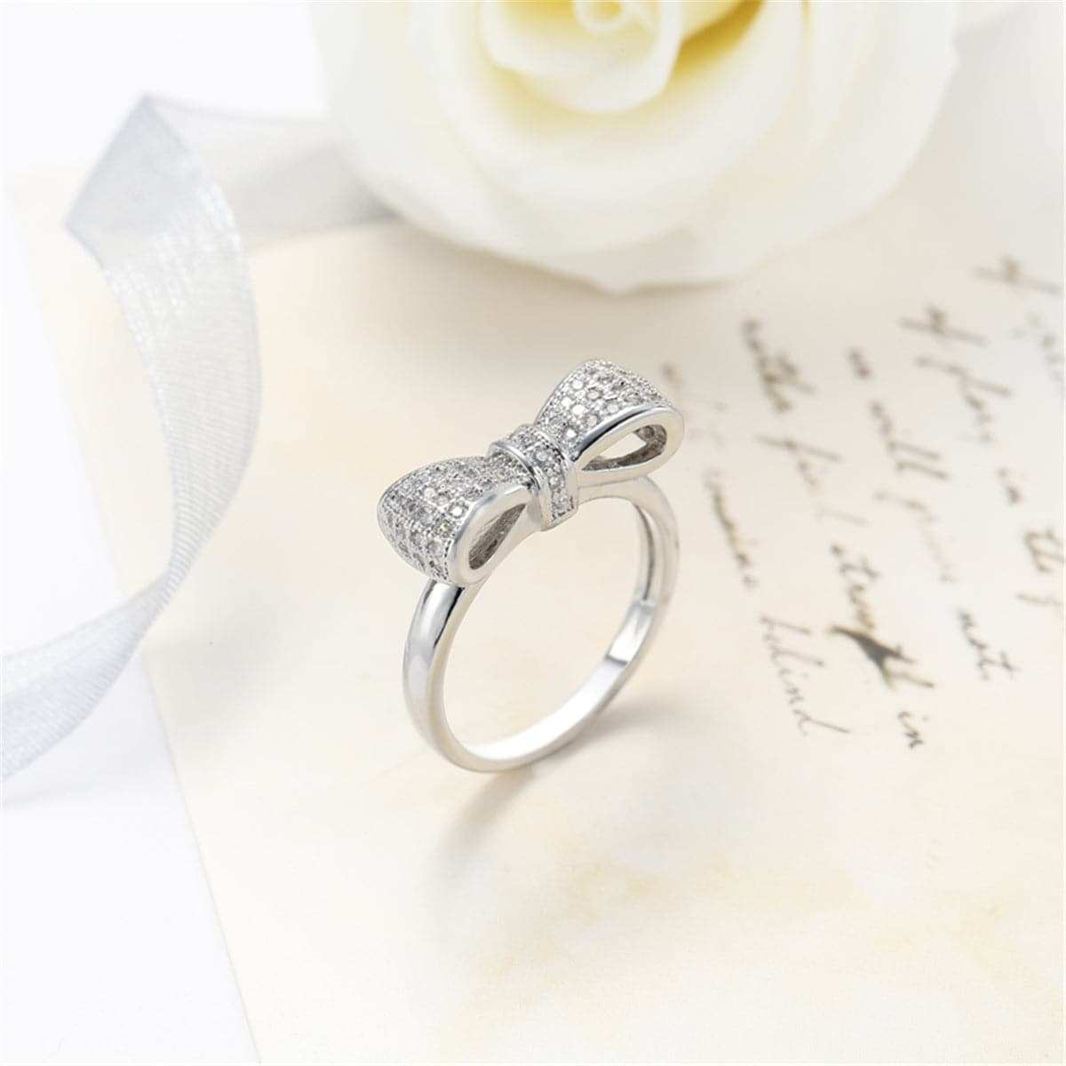 Cubic Zirconia & Silvertone Bow Ring-1