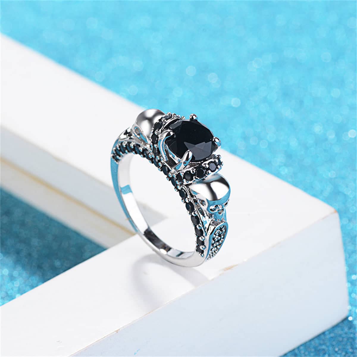 Black Crystal & Silvertone Skull Rose Ring-2