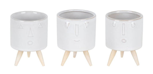 Melrose International Porcelain Face Planter with Wooden Legs (Set of 3)