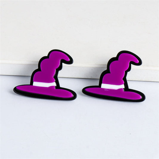 Purple Acrylic & Silvertone Witch Hat Drop Earrings