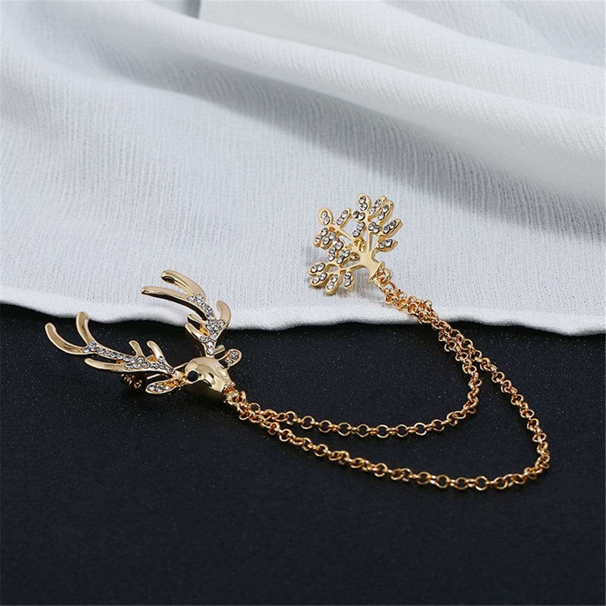 Cubic Zirconia & Goldtone Reindeer Branch Layered Chain Brooch