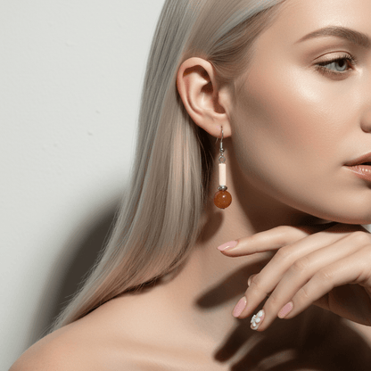 Orange Jade & Silvertone Cylinder Ball Hook Earrings