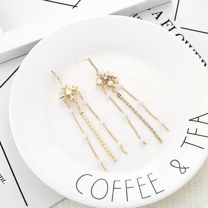 Pearl & Cubic Zirconia Goldtone Beaded Tassel Drop Earrings