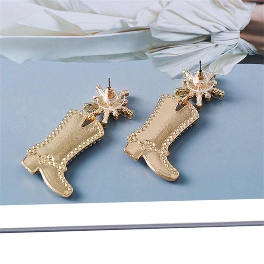 Cubic Zirconia & Pearl Goldtone Cowboy Boot Drop Earrings