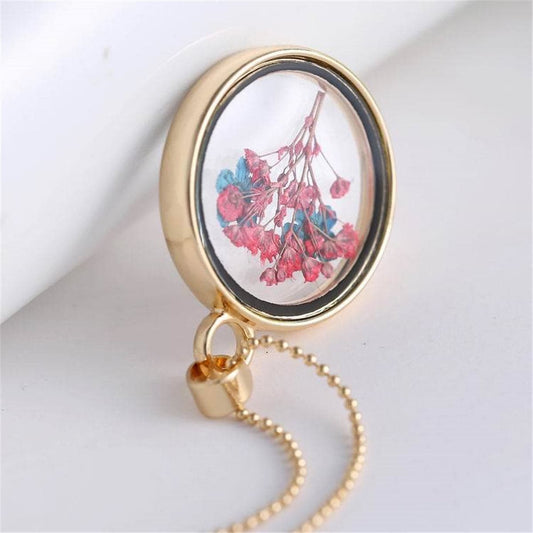Blue & Goldtone Pressed Peach Blossom Round Pendant Necklace