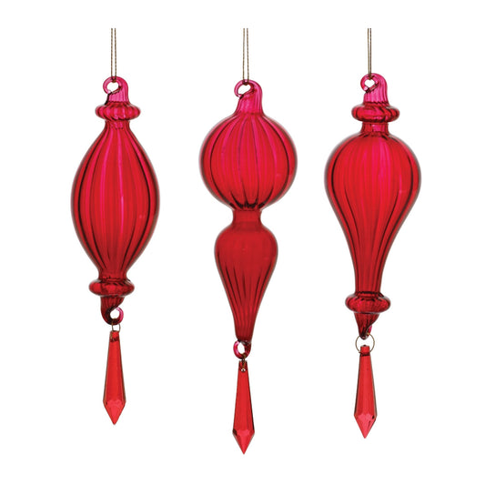 Melrose International Red Ribbed Glass Drop Ornament with Jewel (Set of 3)
