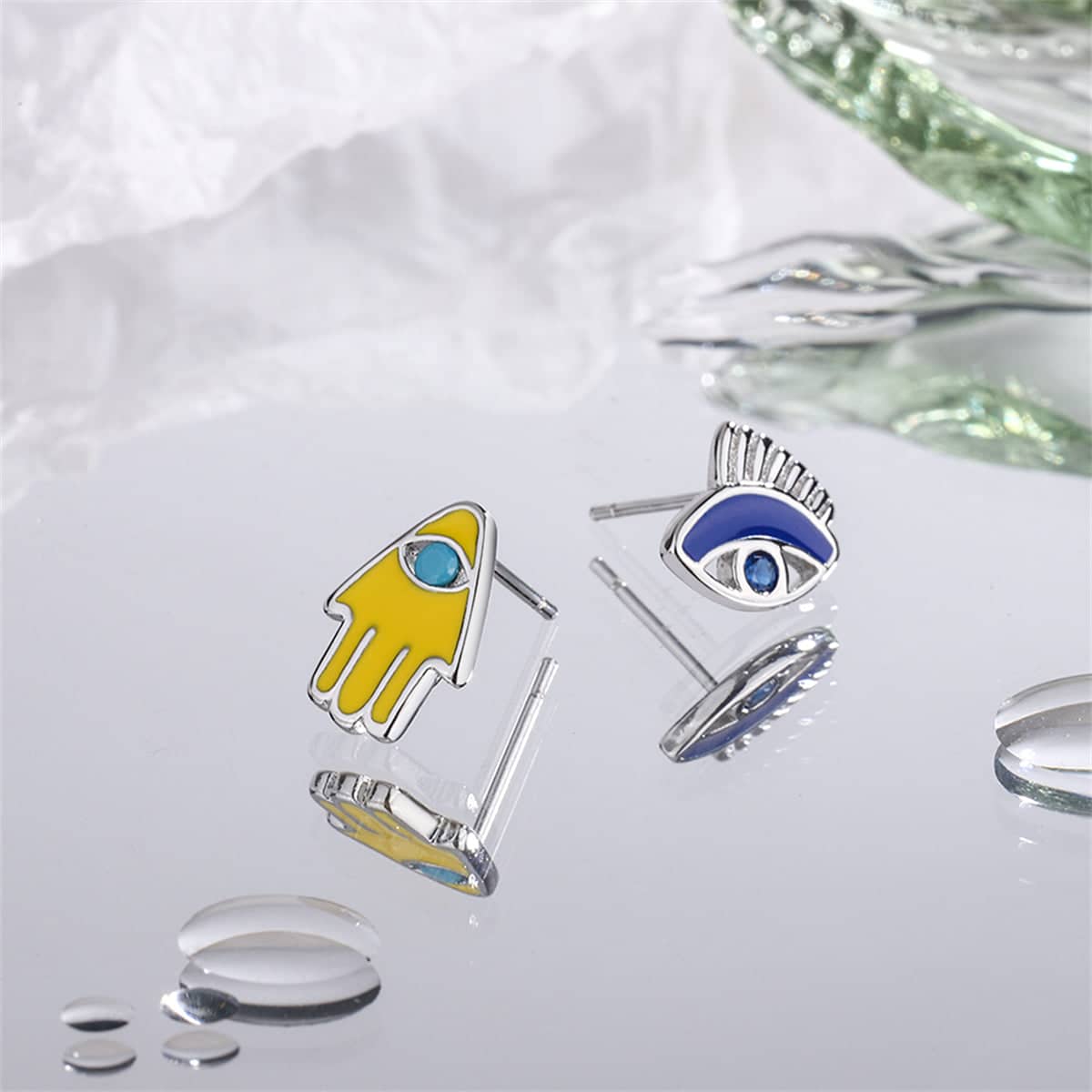 Cubic Zirconia & Silvertone Hamsa Eye Stud Earrings