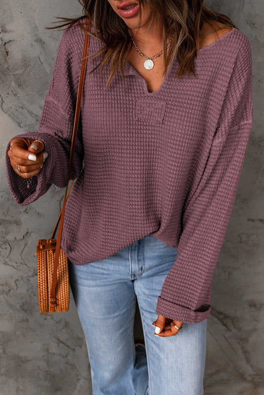 Threaded Pear Evelyn Waffle Knit Loose Long Sleeve Top