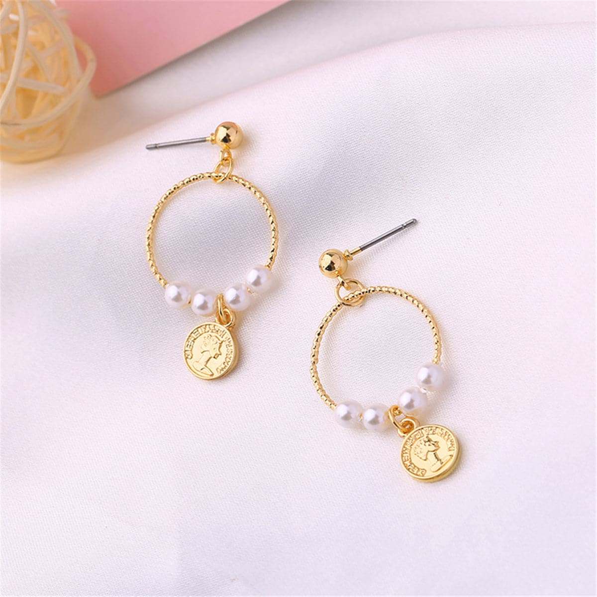 Pearl & Goldtone Queen Coin Drop Earrings