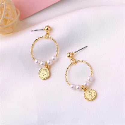Pearl & Goldtone Queen Coin Drop Earrings
