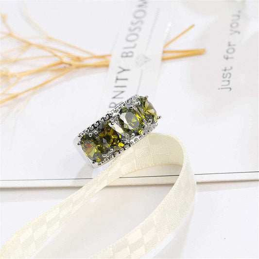 Olive Crystal & Silvertone Prong Ring