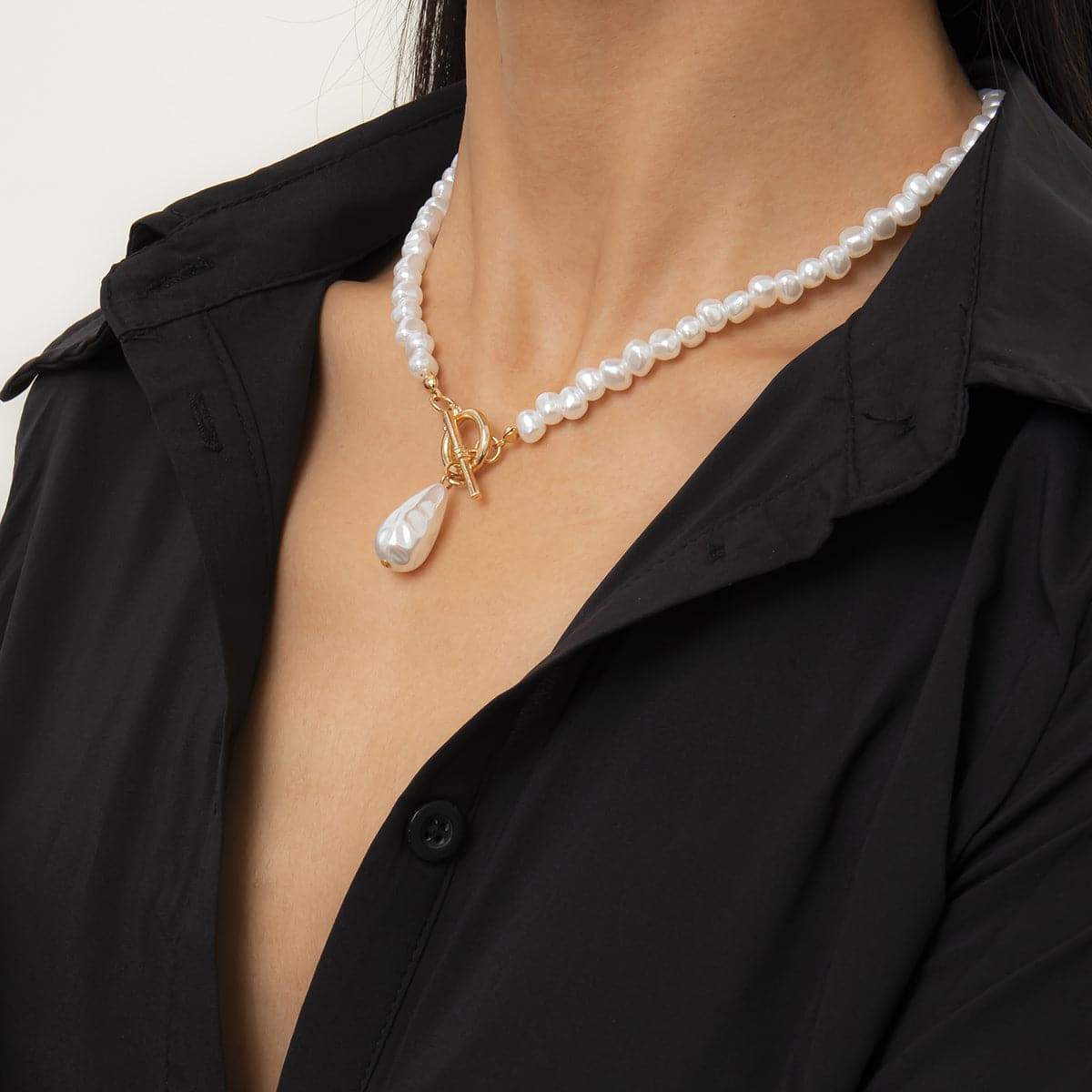 Pearl & Goldtone Drop Toggle Pendant Necklace
