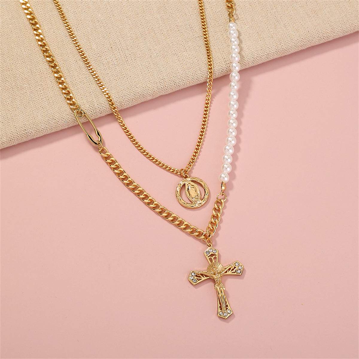 Cubic Zirconia & Pearl Goldtone Cross Layered Necklace