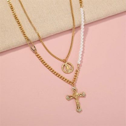 Cubic Zirconia & Pearl Goldtone Cross Layered Necklace