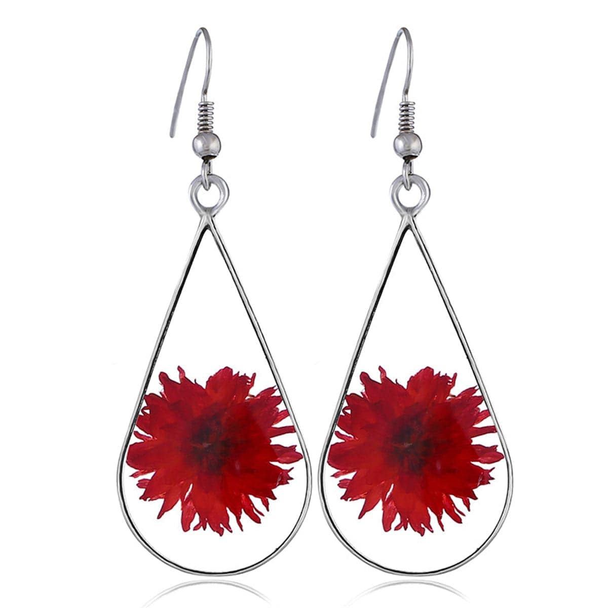 Red Pressed Peony & Silvertone Teardrop Earrings