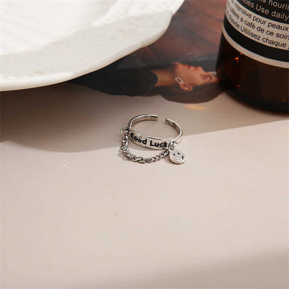 Silvertone 'Good Luck' Chain Smiley Ring