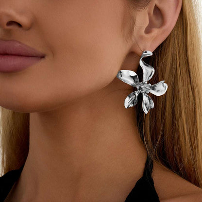 Silvertone Flower Statement Stud Earrings