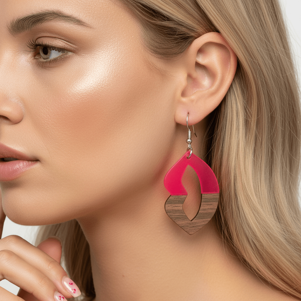 Rose Resin & Wood Silvertone Lips Hook Earrings