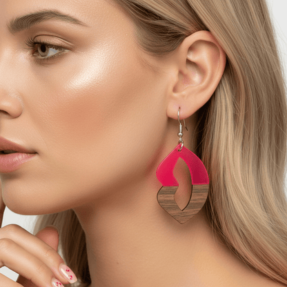 Rose Resin & Wood Silvertone Lips Hook Earrings