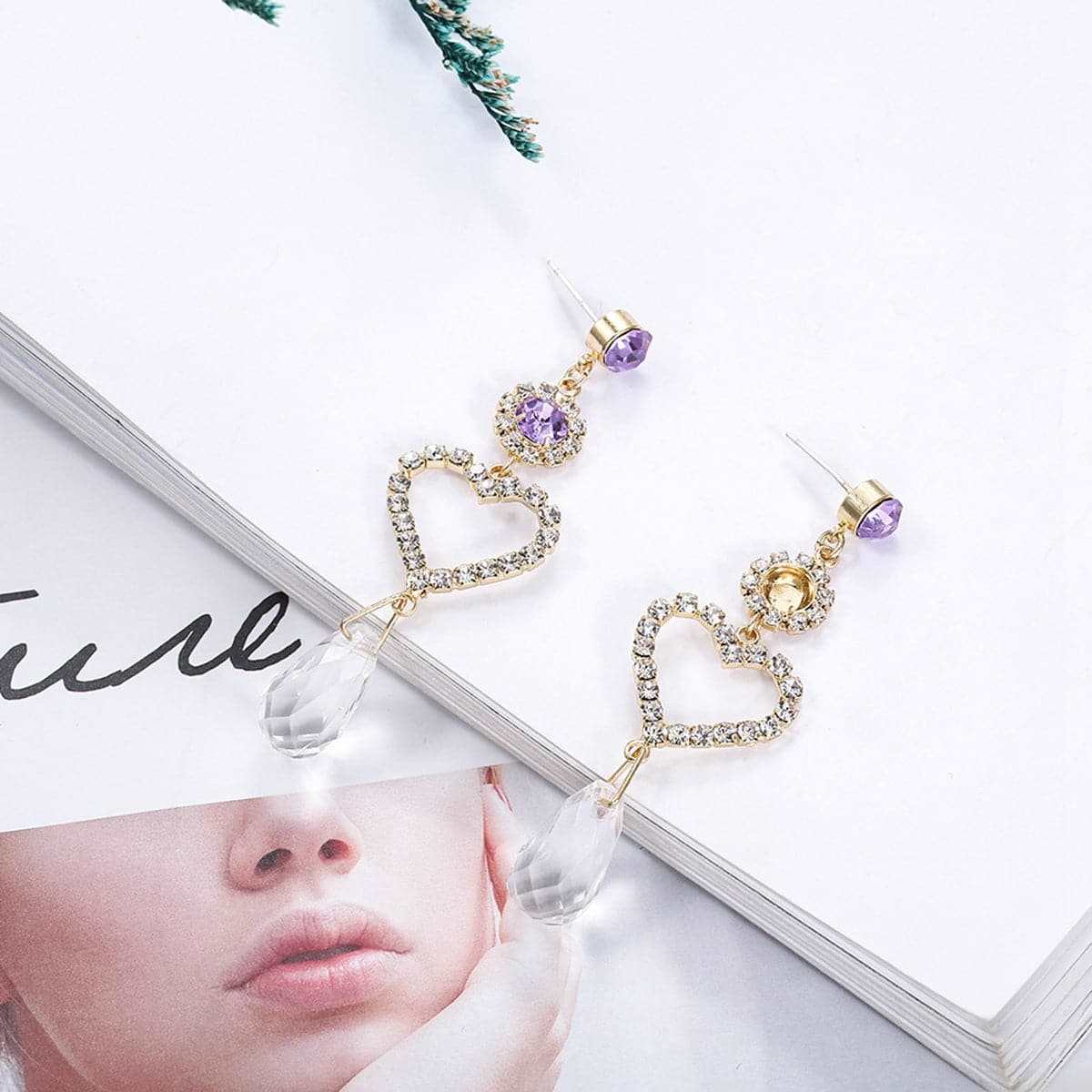 Purple Cubic Zirconia & Crystal Open Heart Tiered Drop Earrings