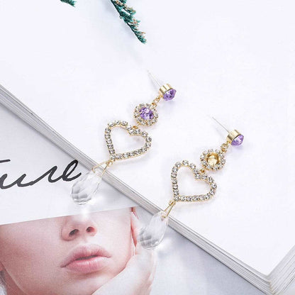 Purple Cubic Zirconia & Crystal Open Heart Tiered Drop Earrings