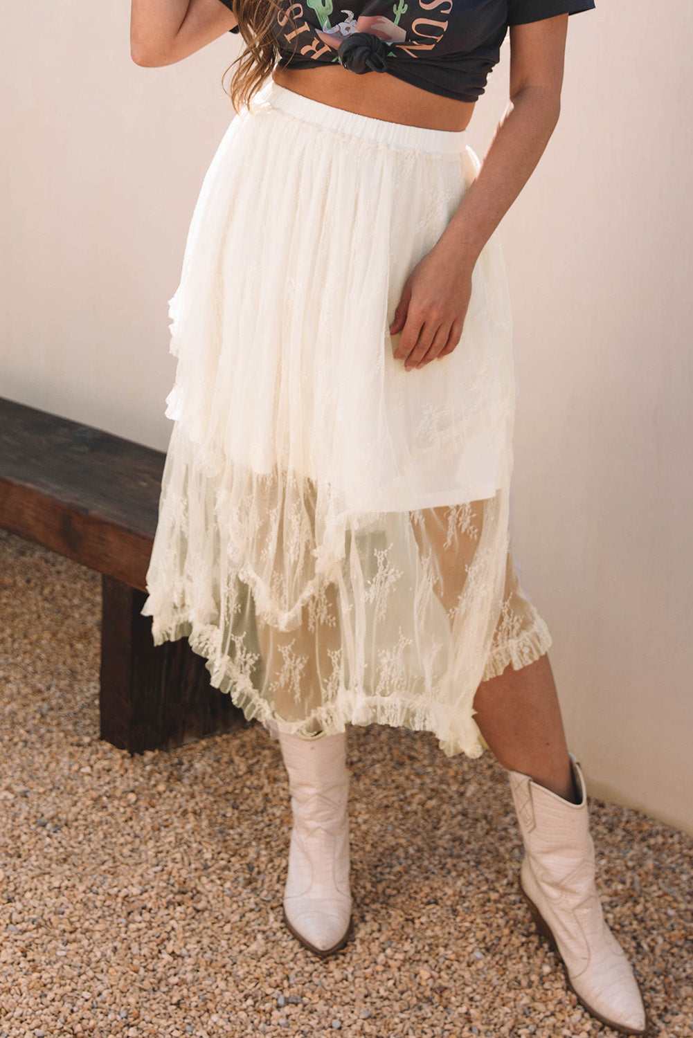 Aliza Lace Cascading Tiered High Waist Maxi Skirt - Beige / S - 4/6