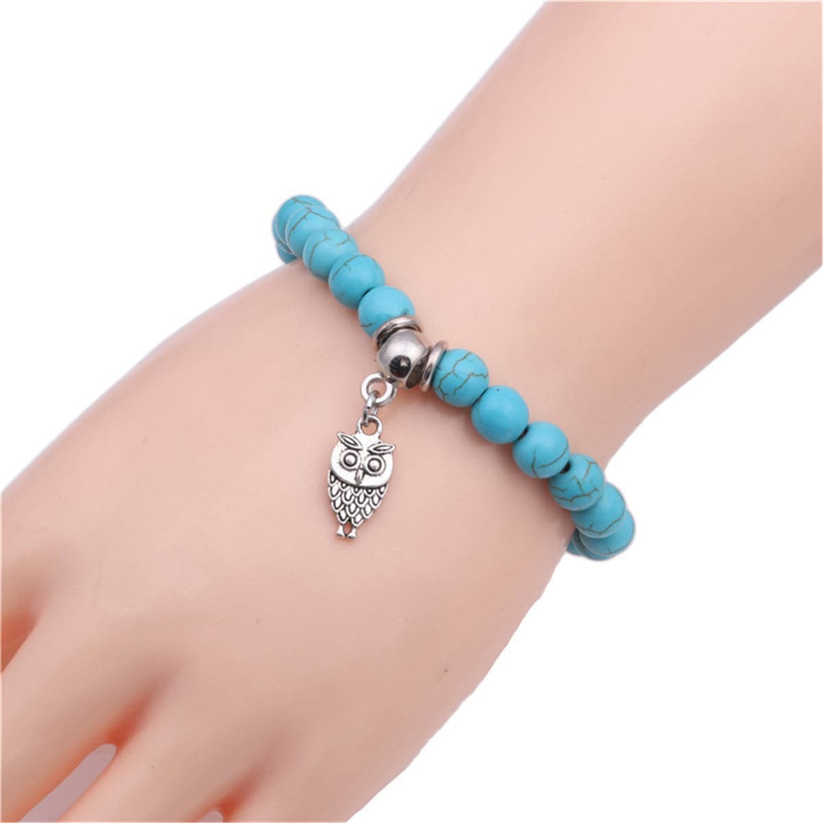 Blue Turquoise & Silvertone Owl Charm Stretch Bracelet