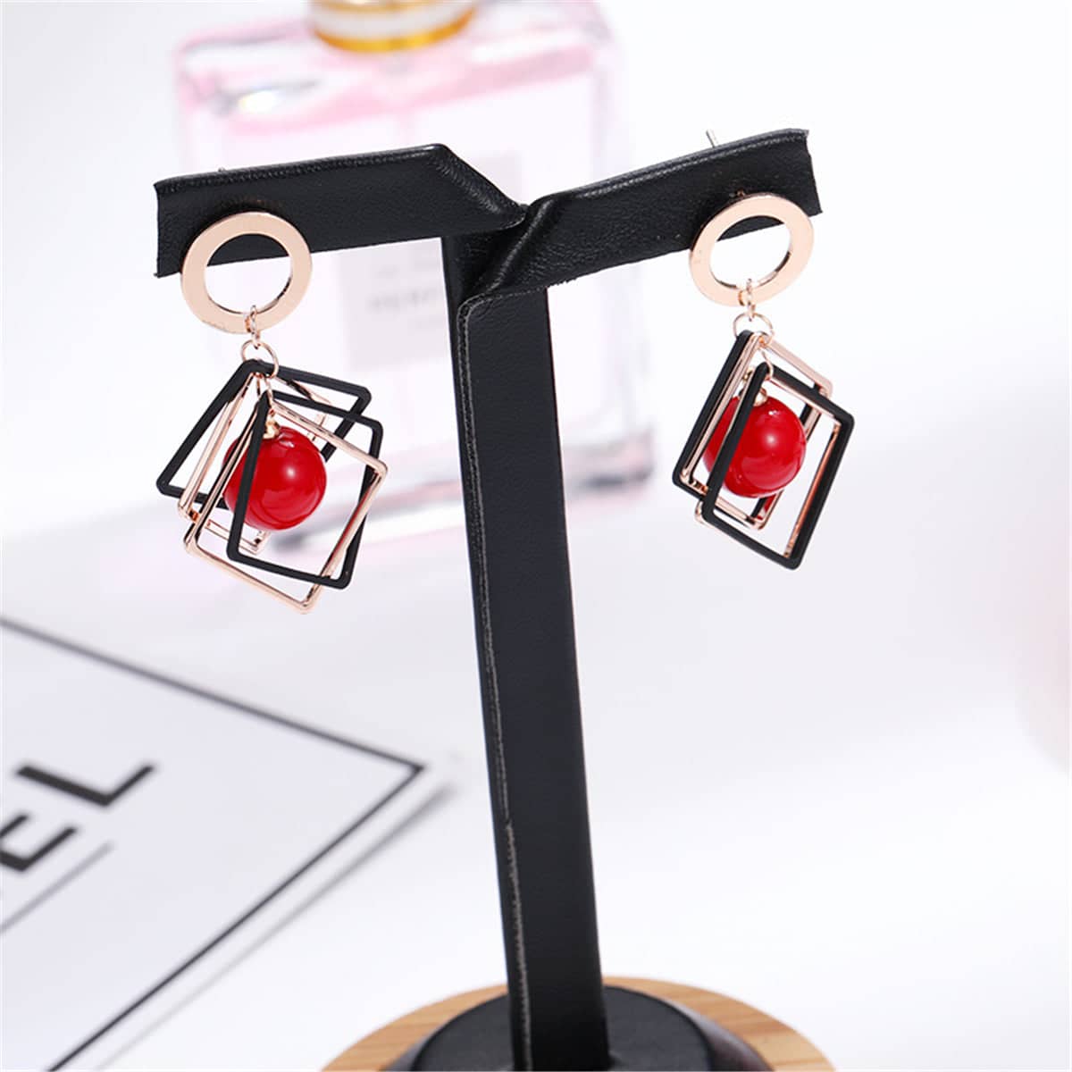 Red Pearl & Rose Goldtone Rhombus Drop Earrings