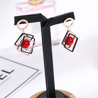 Red Pearl & Rose Goldtone Rhombus Drop Earrings