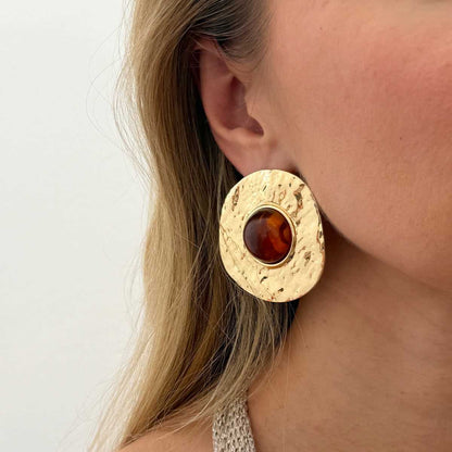 Red Resin & Goldtone Hammered Round Stud Earrings