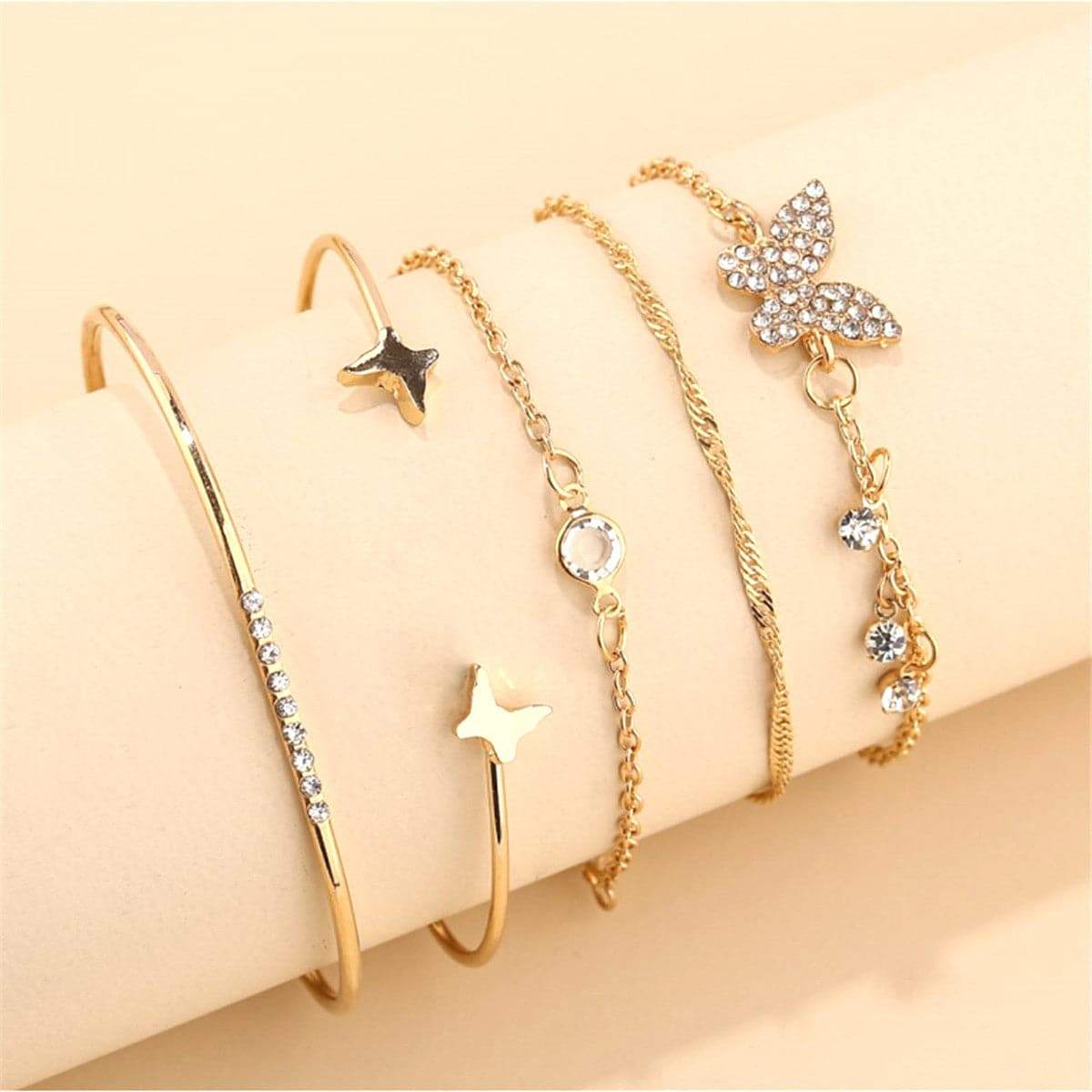 Cubic Zirconia & Goldtone Butterfly Bracelet Set