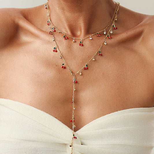Red Enamel & Cubic Zirconia Goldtone Cherry Station Y-Necklace Set