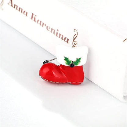 Cubic Zirconia & Red Enamel Silvertone Christmas Boot Brooch