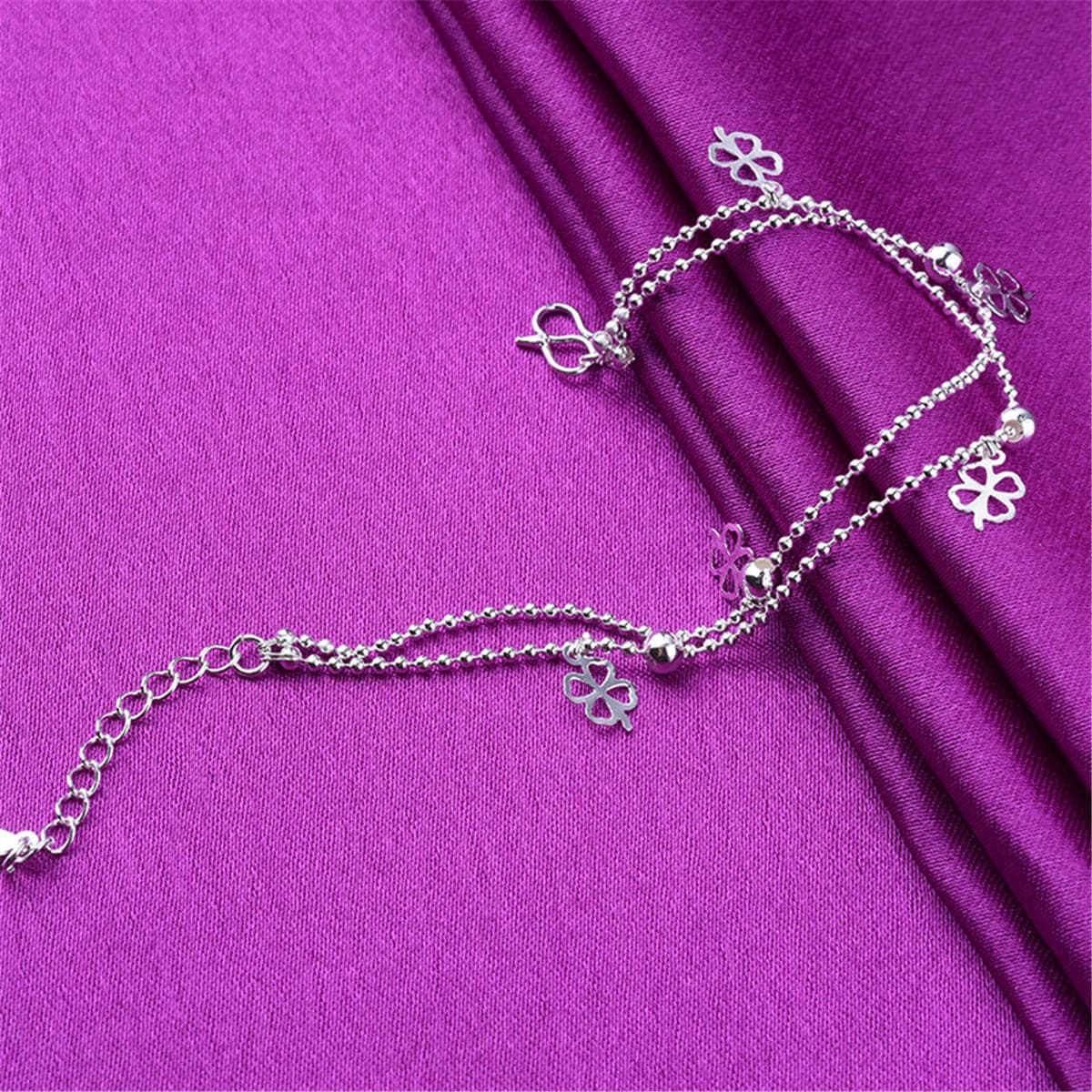 Silvertone Open Clover Station Layered Anklet