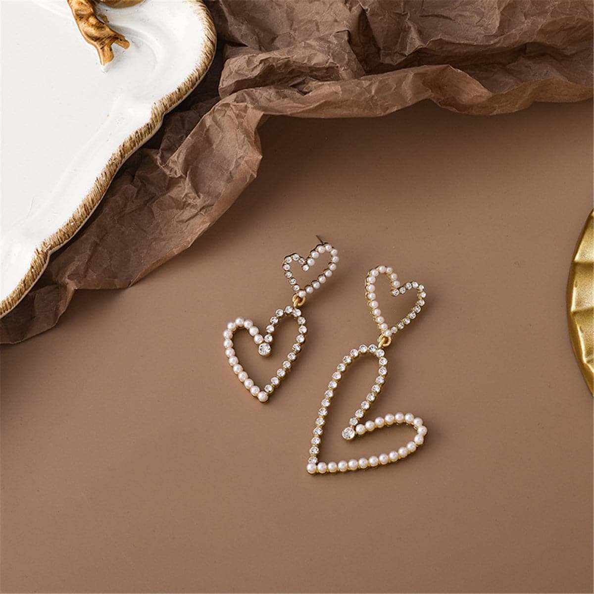 Pearl & Cubic Zirconia Goldtone Mismatched Heart Drop Earrings
