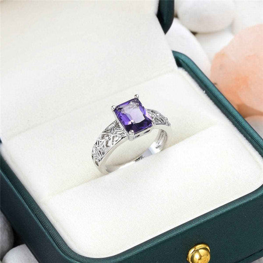 Purple Crystal & Silvertone Filigree-Accent Ring