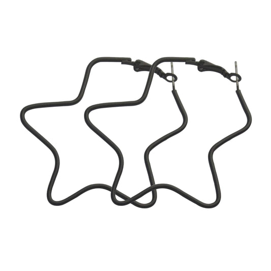 Black Enamel & Silvertone Star Hoop Earrings