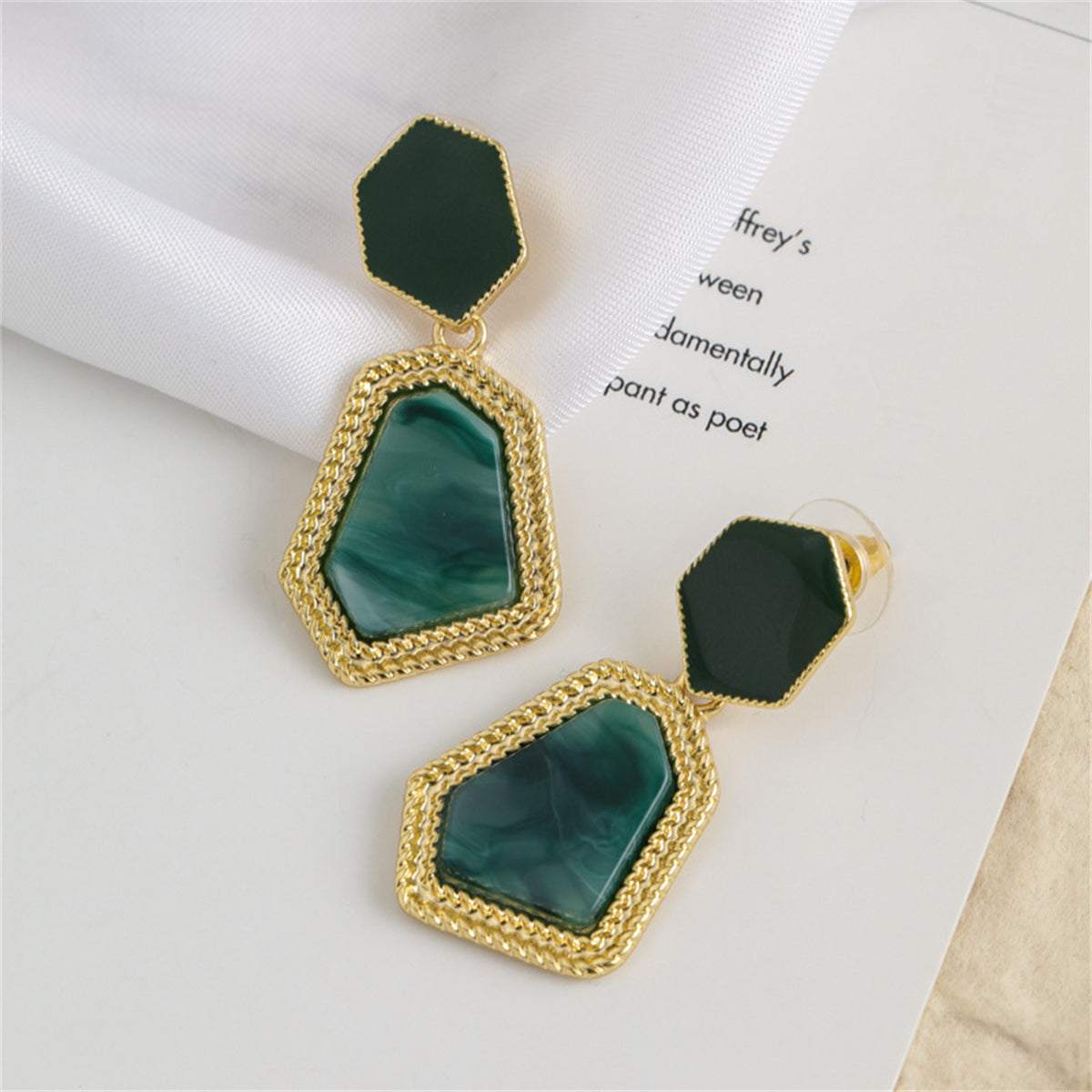 Green Shell & Goldtone Polygon Drop Earrings
