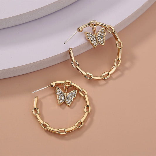 Cubic Zirconia & Goldtone Butterfly Chain Hoop Earrings