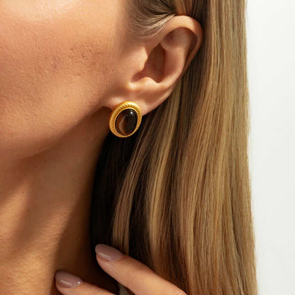 Tiger's Eye & Goldtone Oval Stud Earrings
