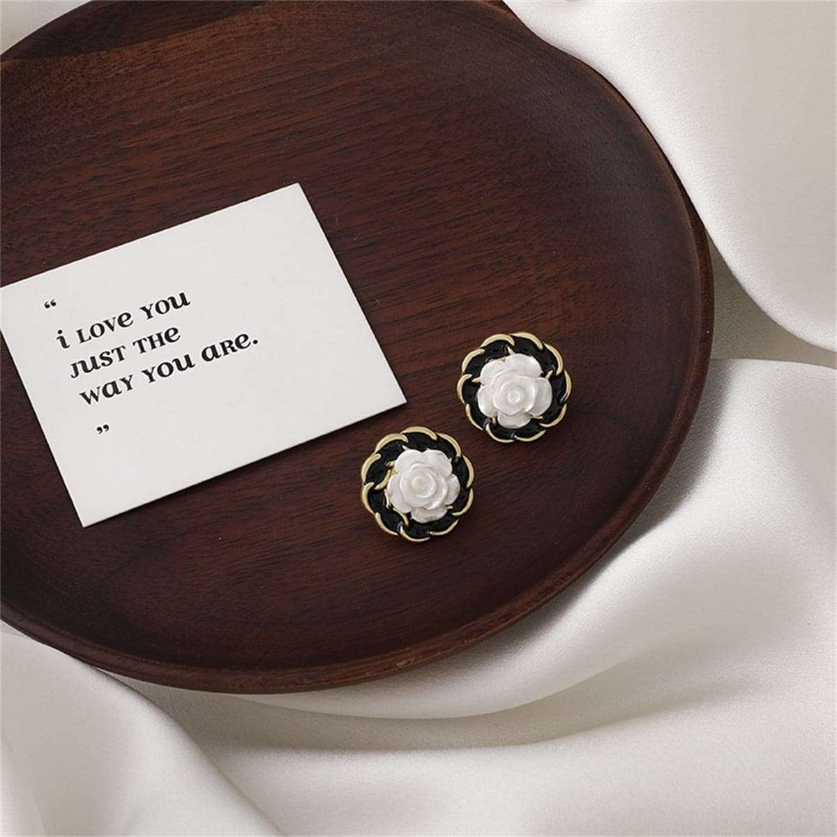 White Resin & Black Enamel Goldtone Camellia Stud Earrings