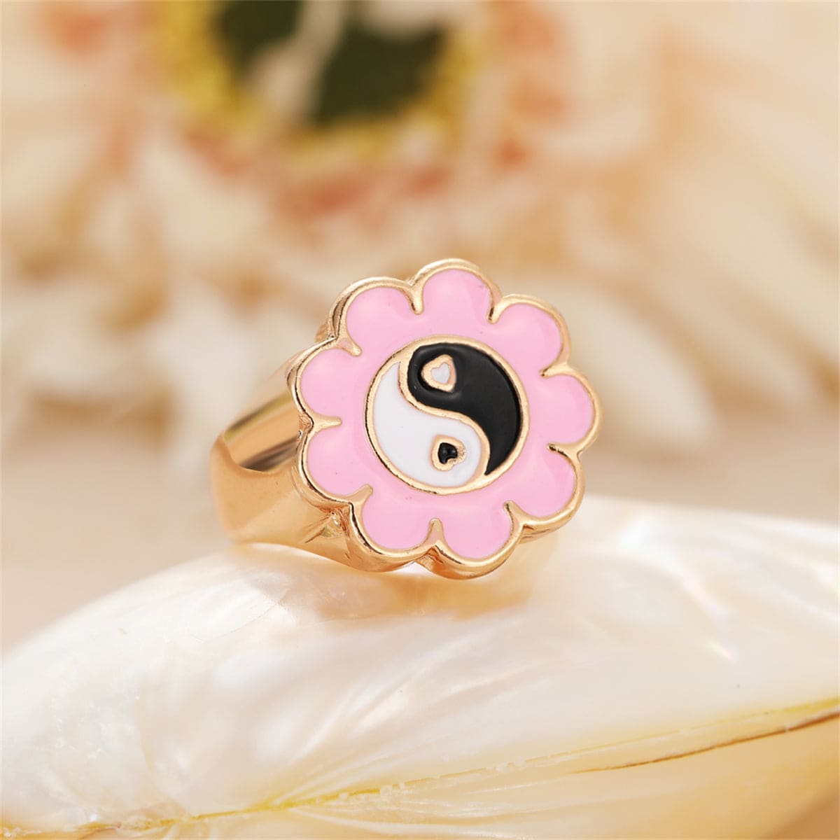 Black Enamel & Goldtone Yin Yang Flower Ring