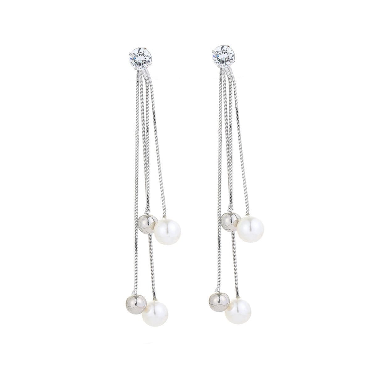 Pearl & Cubic Zirconia Silvertone Ball Tassel Drop Earrings