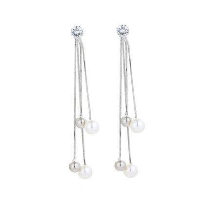 Pearl & Cubic Zirconia Silvertone Ball Tassel Drop Earrings