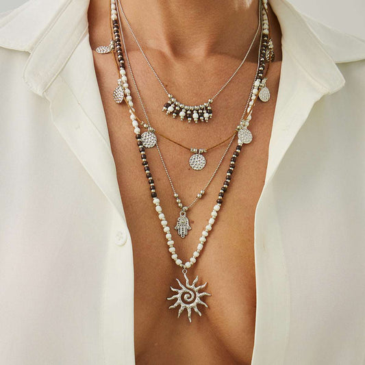 Black Howlite & Polyster Silvertone Hamsa Sun Pendant Necklace Set