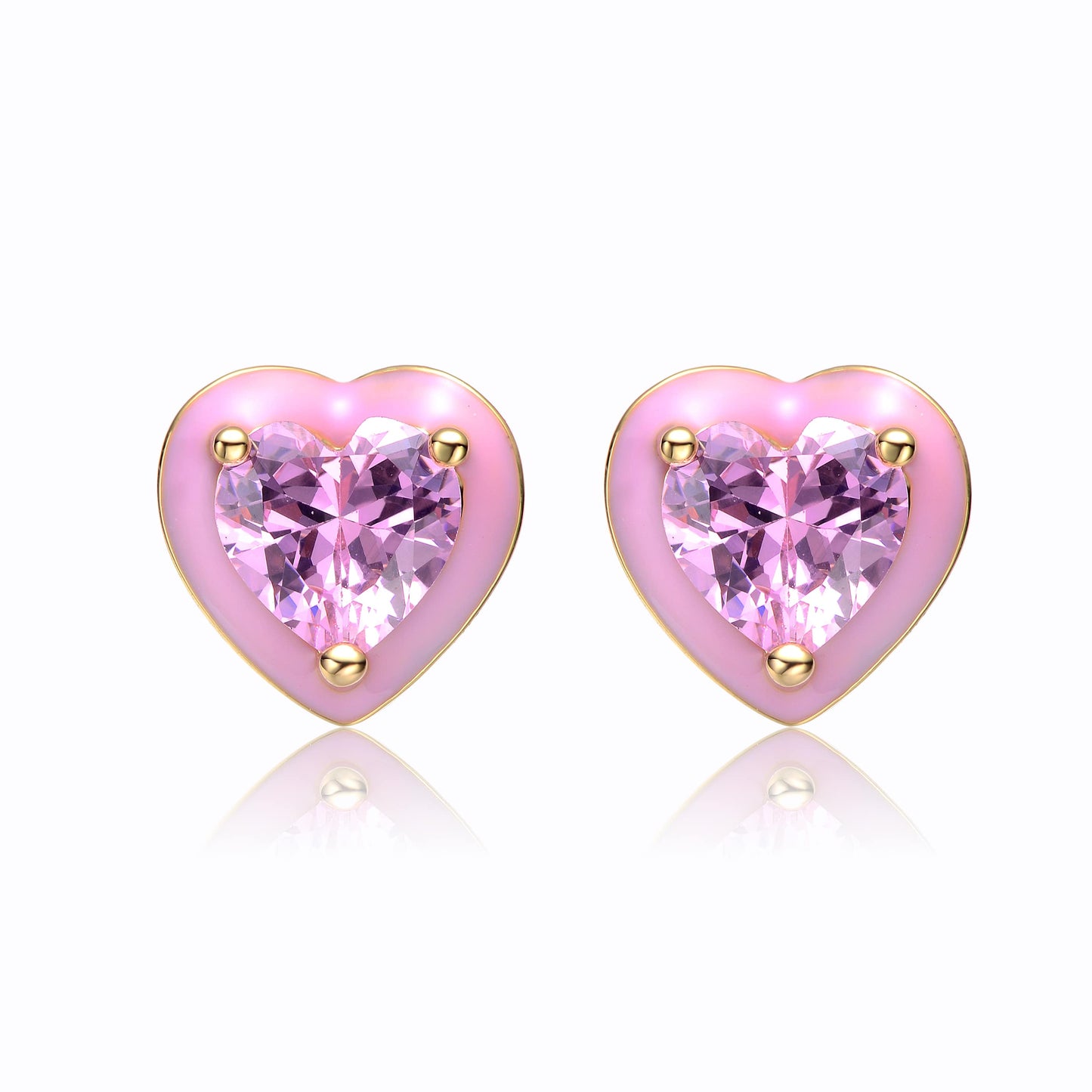 Teens 14k Yellow Gold Plated with Pink Cubic Zirconia and Pink Enamel Halo Heart Stud Earrings